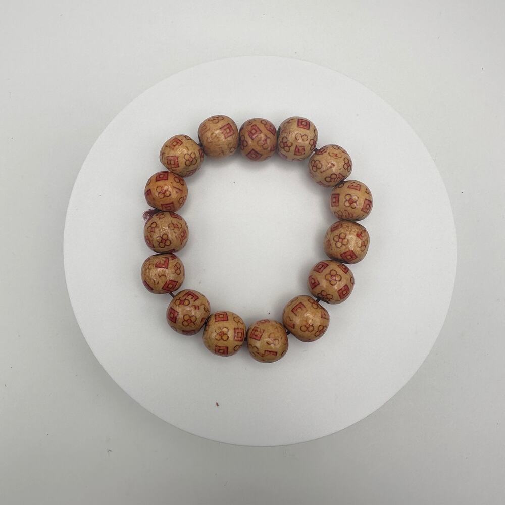 Vintage 80s Brown Wooden Bead Stretch Bracelet Copper Tone Women's Jewelry